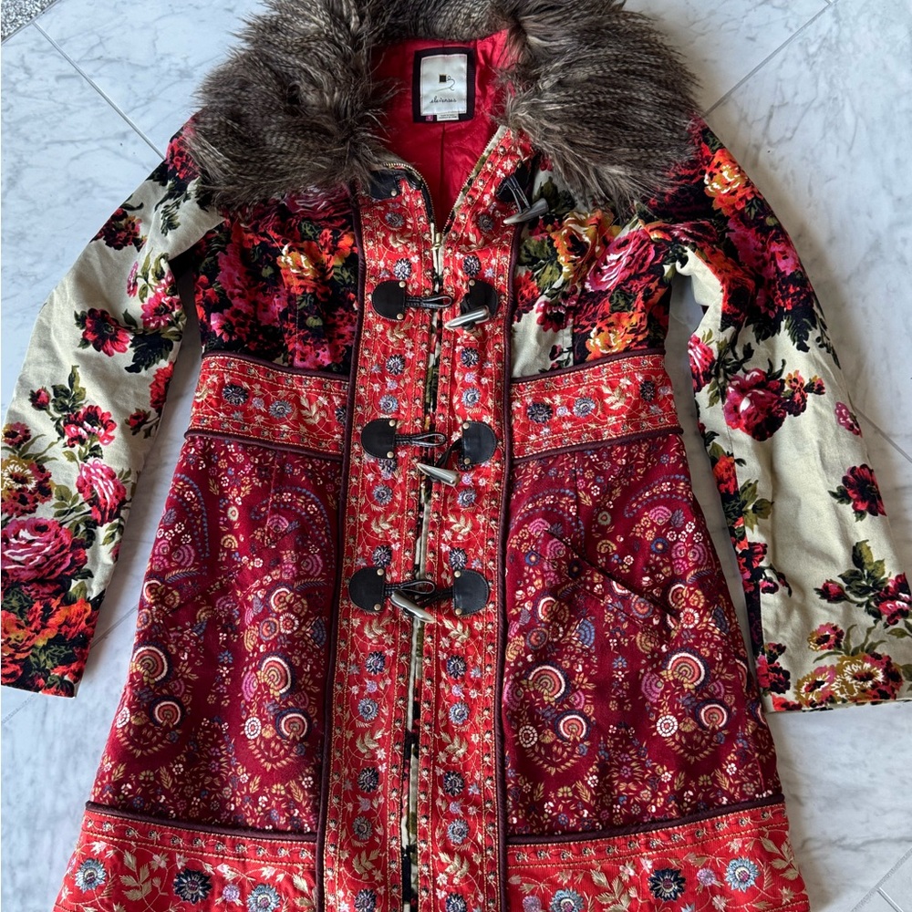 Anthropologie Red and Black Floral Coat with Faux Fur Collar